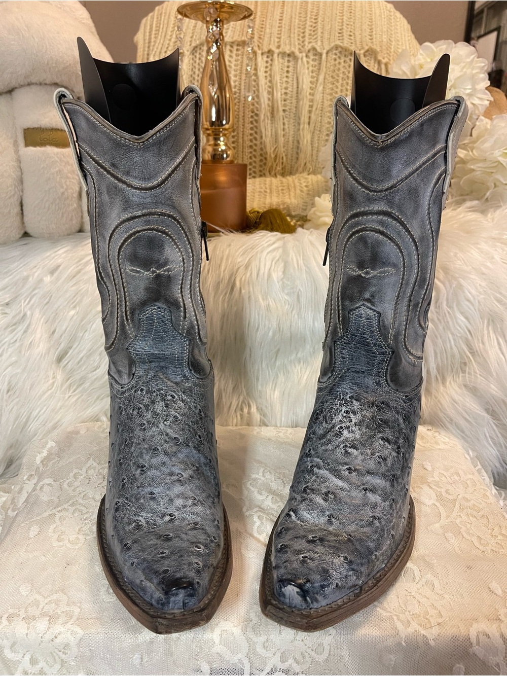 Freebird Warrick Exotic Leather Boots in Ice Ostrich Multi Colorway MSRP$525